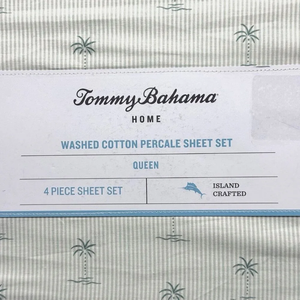 4pc Tommy Bahama KEW PALMS Trees Stripe QUEEN Sheet Set Tropical Cotton Percale